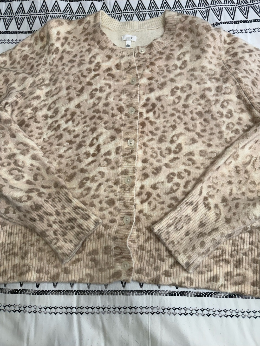 aerie Cream and Light Brown Leopard-Print Button Cardigan